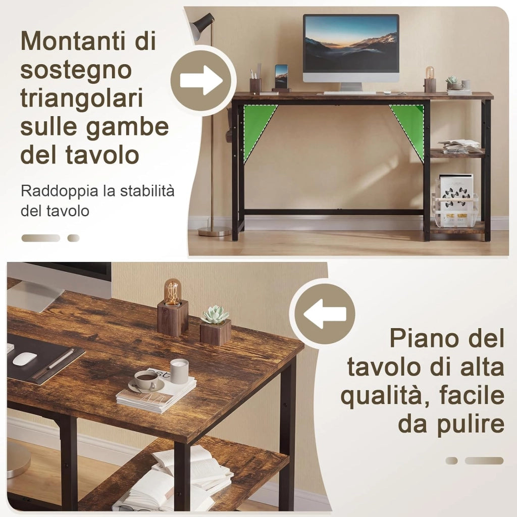 Scrivania Per Computer Industriale 120 x 50 cm, 2 Ripiani Regolabili Sinistra/Destra in Acciaio, Tavolo da Lavoro Mobile per Ufficio Casa Stile Vintage Marrone & Nero