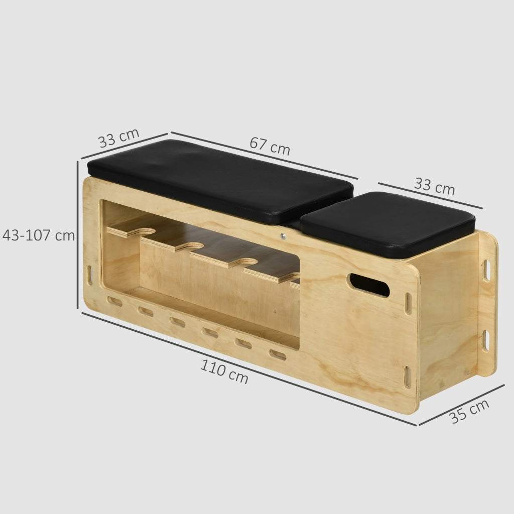 Panca Multifunzione con Schienale Regolabile, Vano Contenitore, Rack per Pesi ed Elastici, Legno