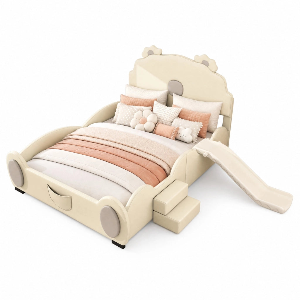 Letto per bambini 140x200 cm in PU e MDF con scivolo e scala, colore beige, design a orsetto