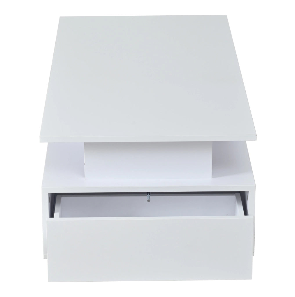 Tavolino da caffè 100 x 50 x 36 cm con LED; 2 cassetti e ripiani in vetro; bianco lucido