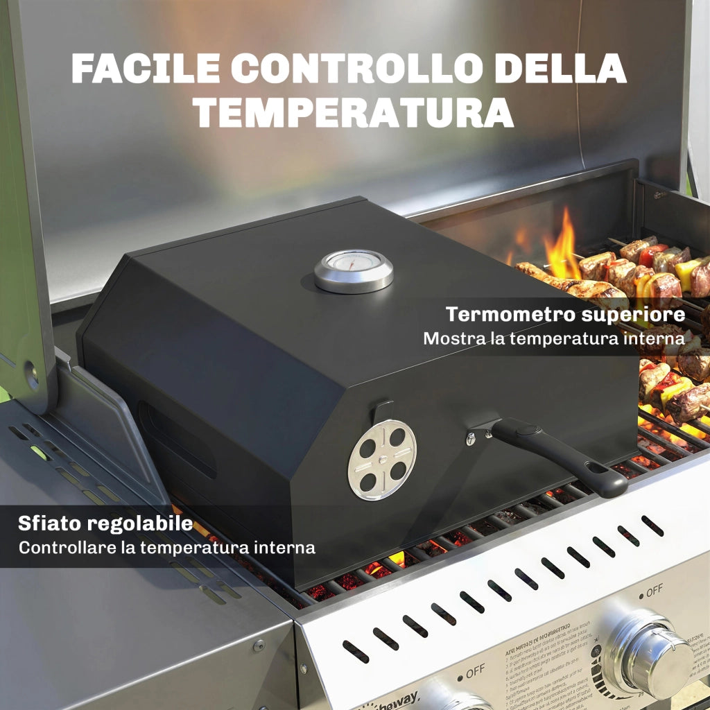 Mini Forno per Pizza da Barbecue 53x40x18,5 cm con Pietra in Cordierite e Termometro in Metallo Nero