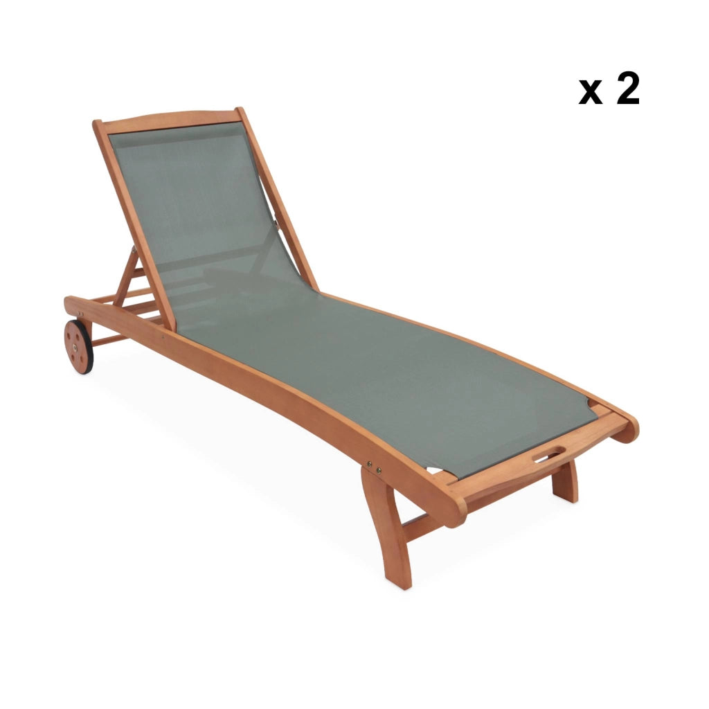 Set 2 lettini prendisole in legno multiposizione con ruote, verde kaki