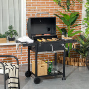 Grill a carbone con coperchio, griglia regolabile, ripiano inferiore e tavolini pieghevoli, nero, acciaio inox