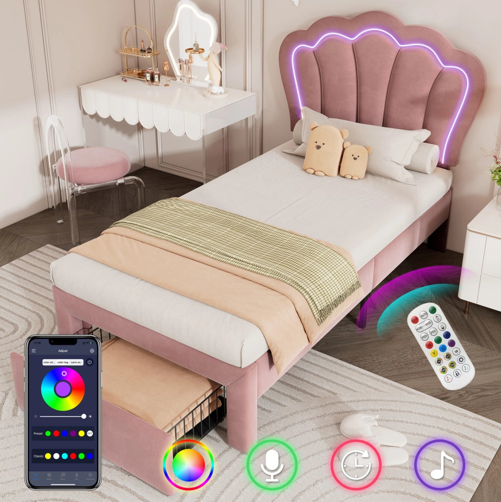 Letto singolo 90x200 rosa con LED RGB, cassetto e rete
