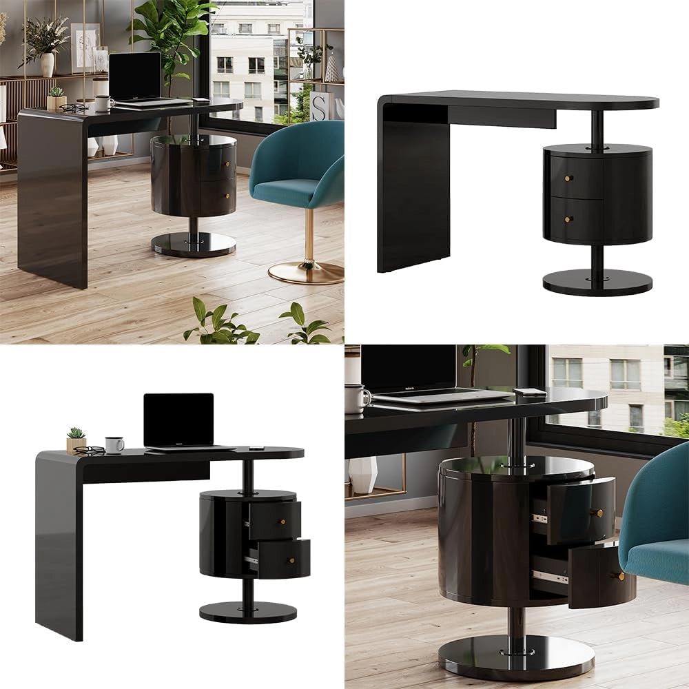 Scrivania Lara, Nero lucido, 120 x 50 cm con 2 conducenti, adatto per postazioni di lavoro al computer e applicazioni home office