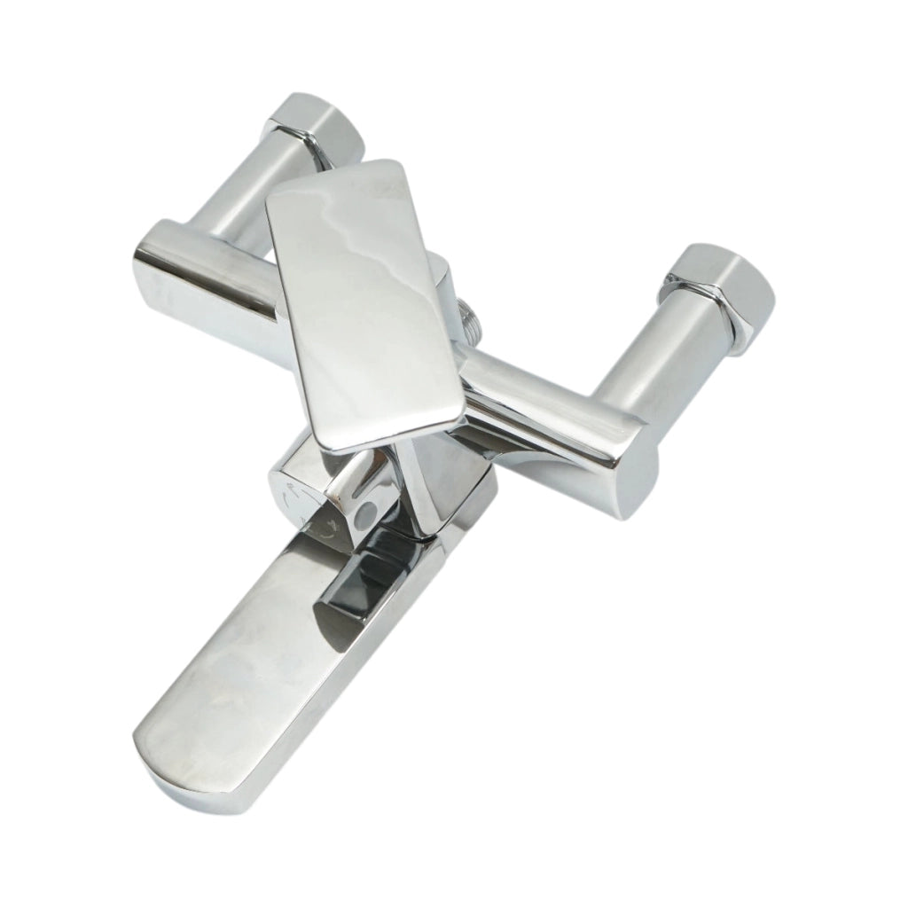 Set doccia multifunzionale da parete con doccetta a mano, bocca per vasca, soffione rettangolare, cartuccia in ceramica, finitura cromo lucido.