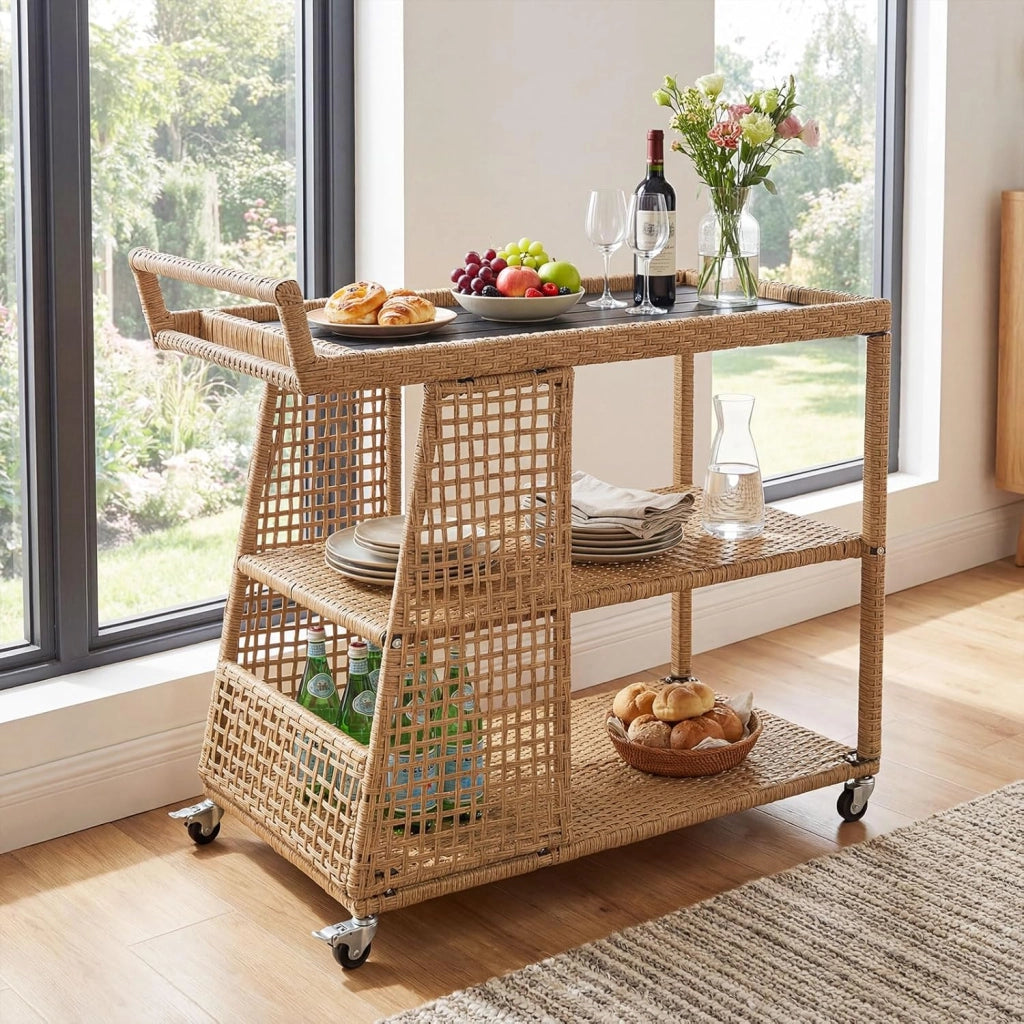Carrello Bar da Esterno, Carrello Portavivande in Rattan con 4 Ruote, 3 Ripiani Aperto e Maniglia Laterale, Carrellino da Servizio per Cucina, Giardino e Bordo Piscina, 98 x 54 x 92 cm
