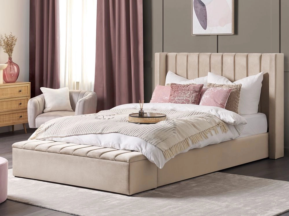 Letto velluto di colore beige rete a doghe e cassapanca 180 x 200 cm stile moderno glam