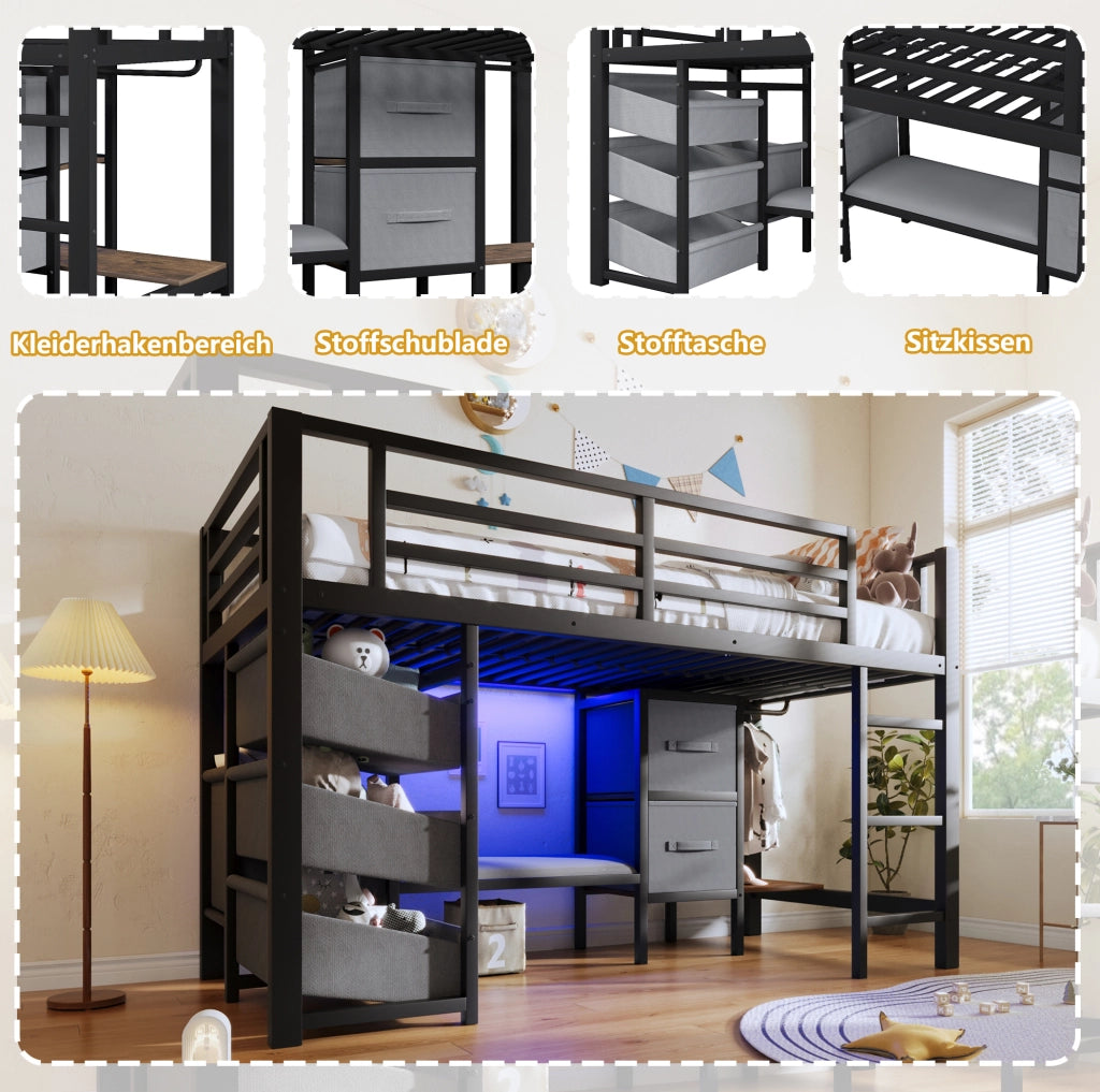 Letto rialzato 90 x 200 cm in metallo nero con LED, cuscino e contenimento