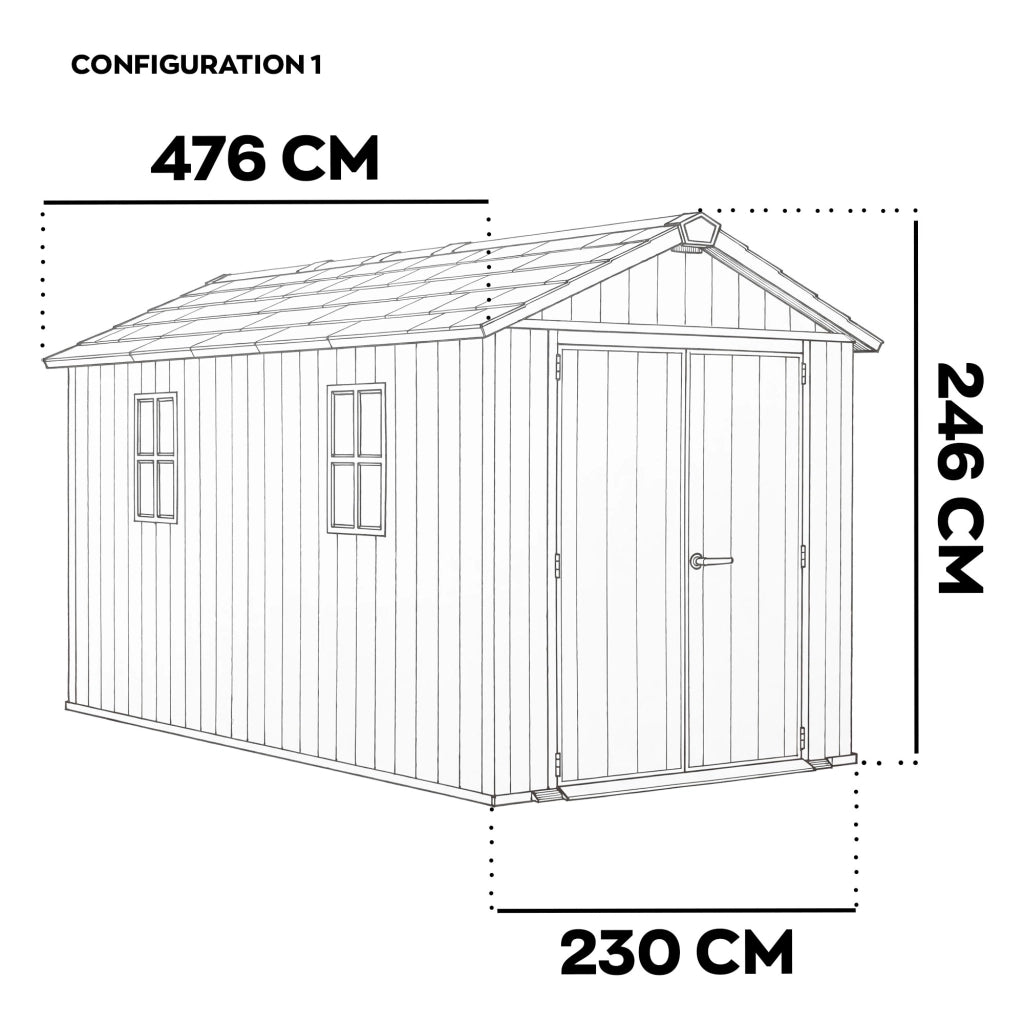 Newton + 7515/1575- Casetta da Giardino 476x246x230 cm 2 Ante per deposito attrezzi finitura effetto legno Evotech+ in Resina Marrone e Nero