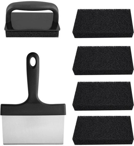 Set di pulizia per piastre di cottura - Set di pulizia professionale per grills orizzontali con raschiatore robusto, pietre di cottura, spugnette abrasive e maniglie ergonomiche