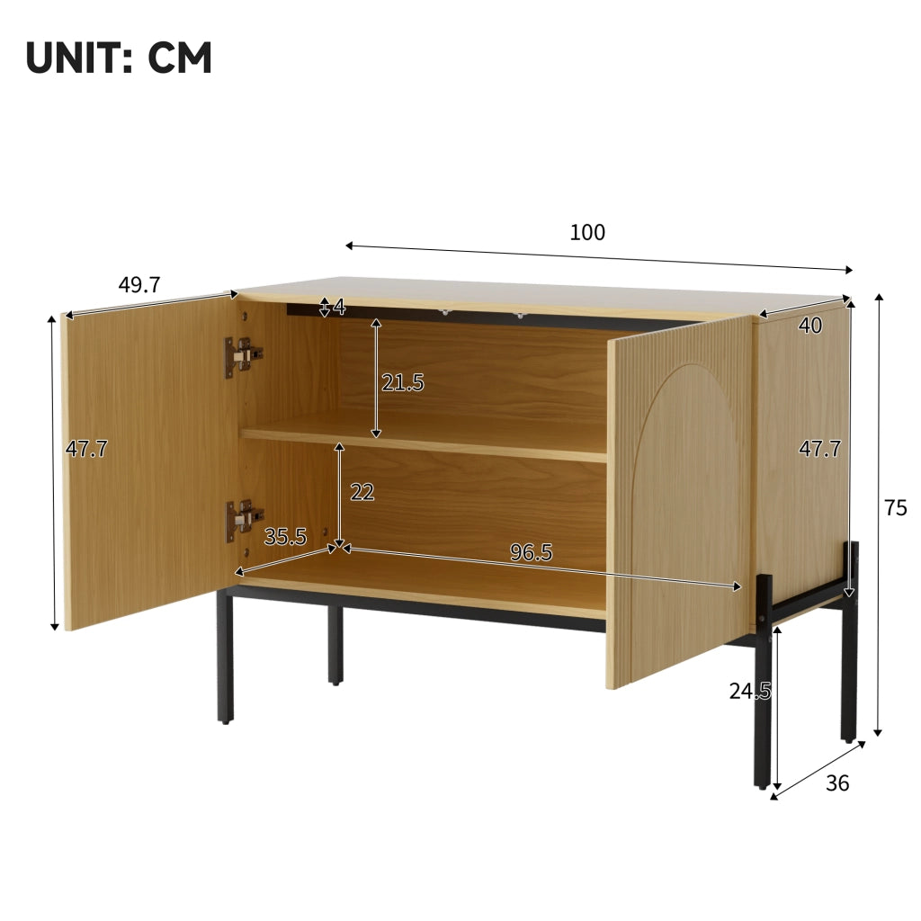 Credenza con 2 ante e gambe in metallo, design ad arco per soggiorno e sala da pranzo, naturale, 100 × 40 × 75 cm