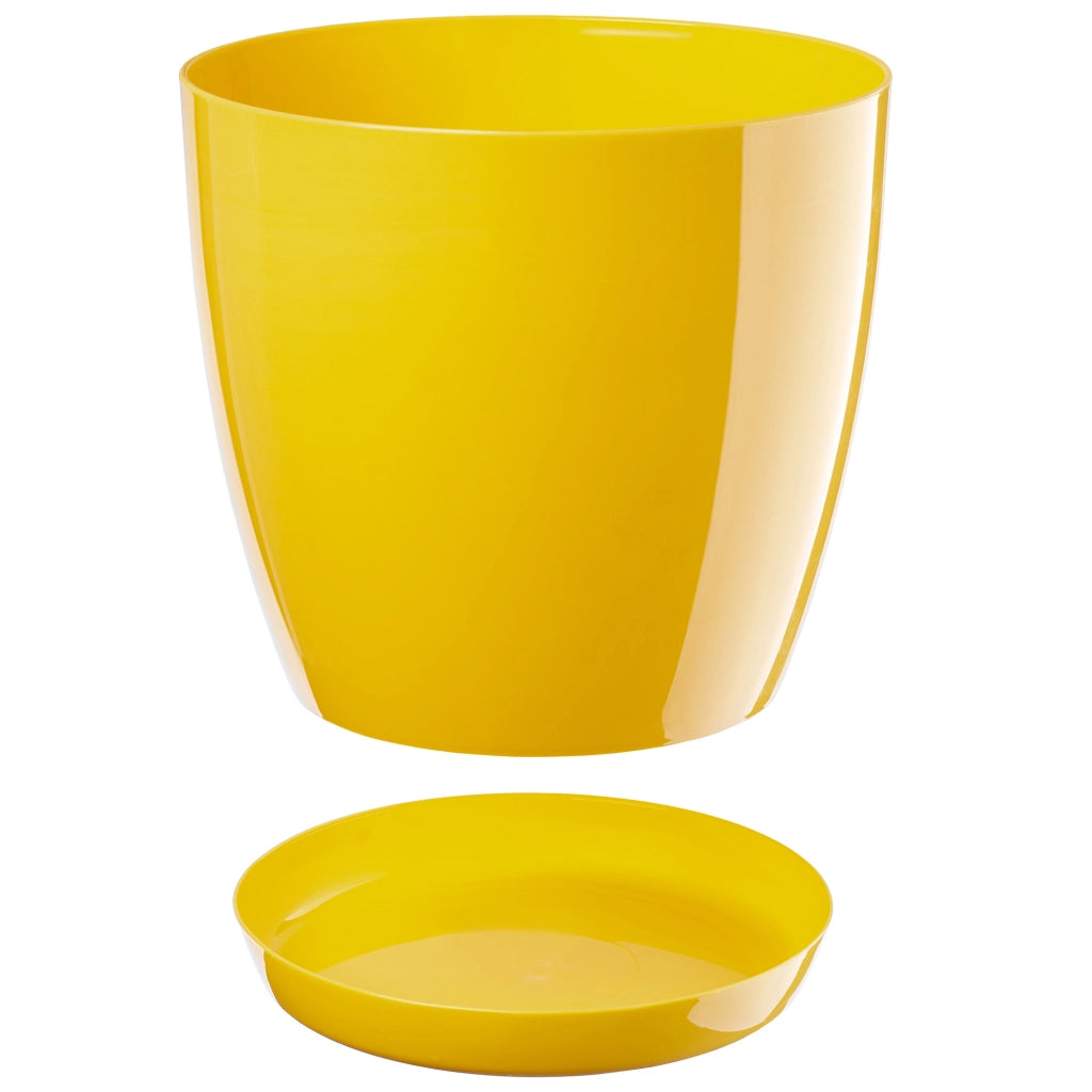 Vaso da fiori KADAX con supporto, rotondo e coperchio, 16 cm, in plastica gialla.