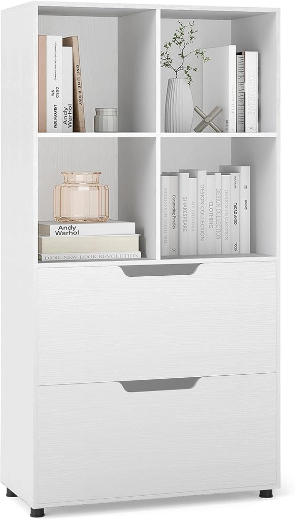 Libreria con 4 cubi e 2 cassetti, scaffale da libreria a piedi con kit antiribaltamento, mobile di stoccaggio autoportante per ufficio, soggiorno, ufficio casa (bianco)