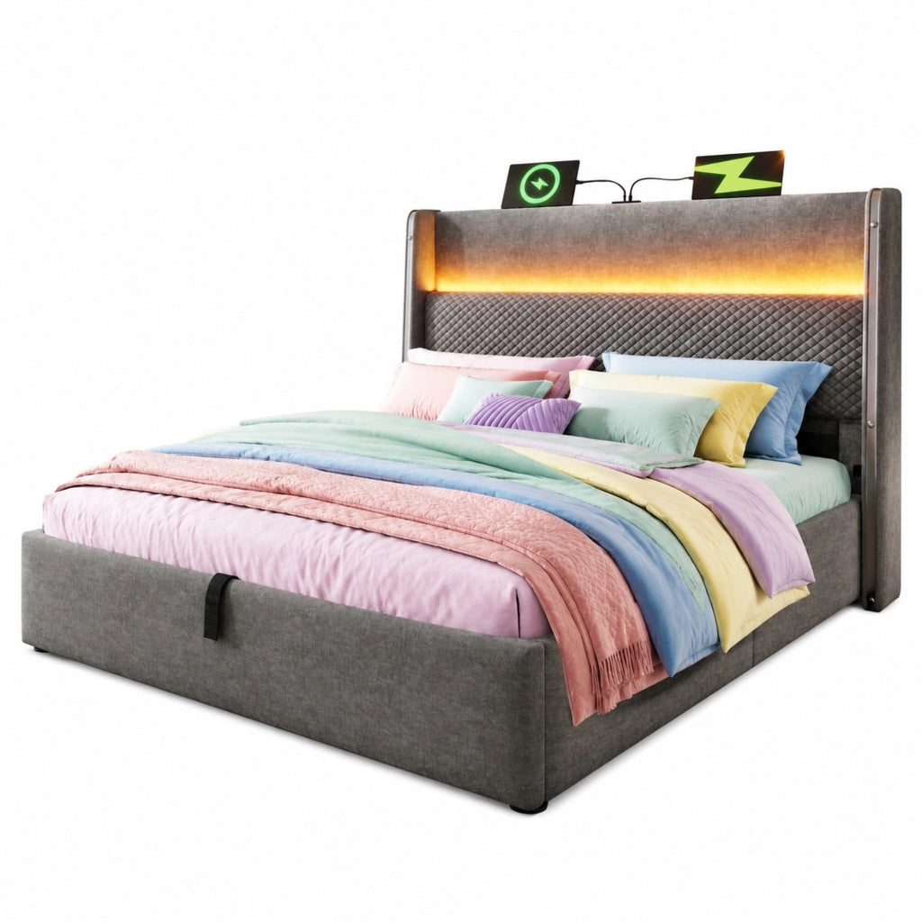 Letto con testiera alta, LED integrato, vano contenitore e porte USB/Type-C