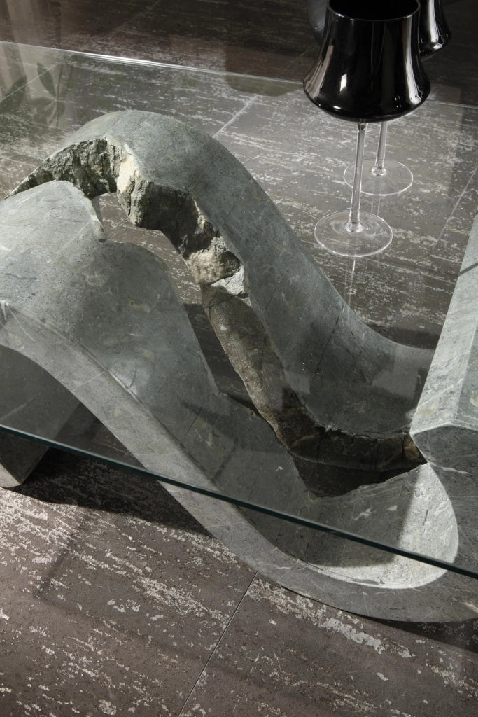 Flexus Tavolino Rettangolare con Base in Pietra Fossile Gray Stone e Top in Vetro Temperato Trasparente - Design Moderno Esclusivo