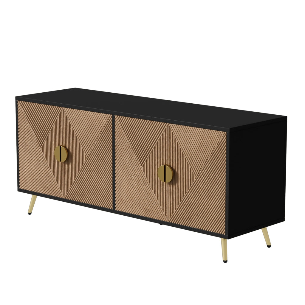 Credenza 160x40x75 cm a 4 ante con chiusura ammortizzata; MDF e pannello truciolare nero e legno