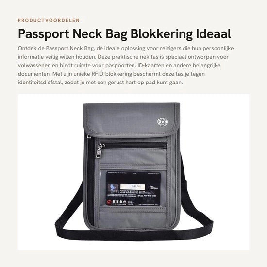 Portafoglio RFID bloccante con 5 compartimenti - Etui in nylon - Porta passaporto e carta di identità - Impermeabile e resistente - Cinturino rimovibile - Porta passaporto con 5 compartimenti