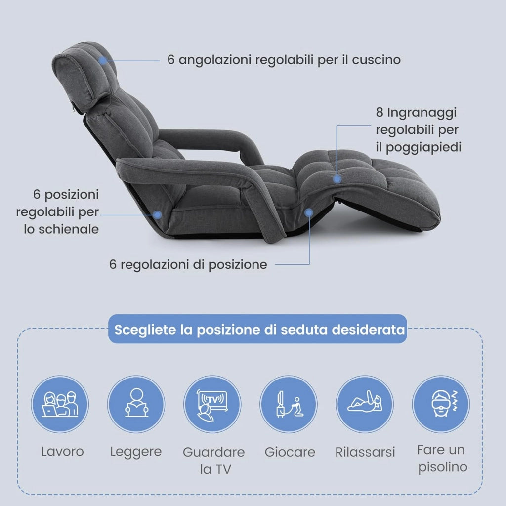Poltrona Salotto da Terra, Sedie Pieghevoli Imbottita Chaise Longue Reclinabile in 5 Posizioni, con Regolabili Braccioli Schienale, per Yoga Relax Meditazione, 195x73x19 cm (Grigio scuro)