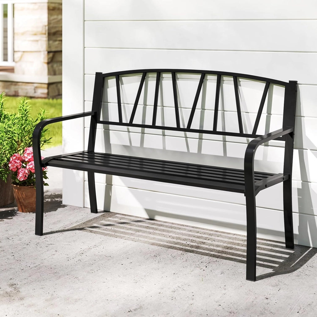 Panca esterna da giardino, seduta a doghe per 2-3 persone, capacità 300 kg, schienale semplice, braccioli curvi, panca da giardino in metallo robusto per terrazza, parco (128 x 60 x 86 cm)