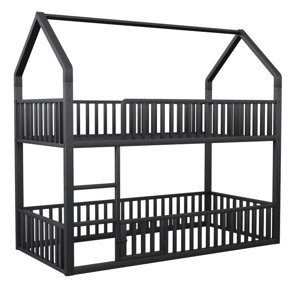 Letto a castello 90x200 cm con struttura a casetta e scala in metallo nero