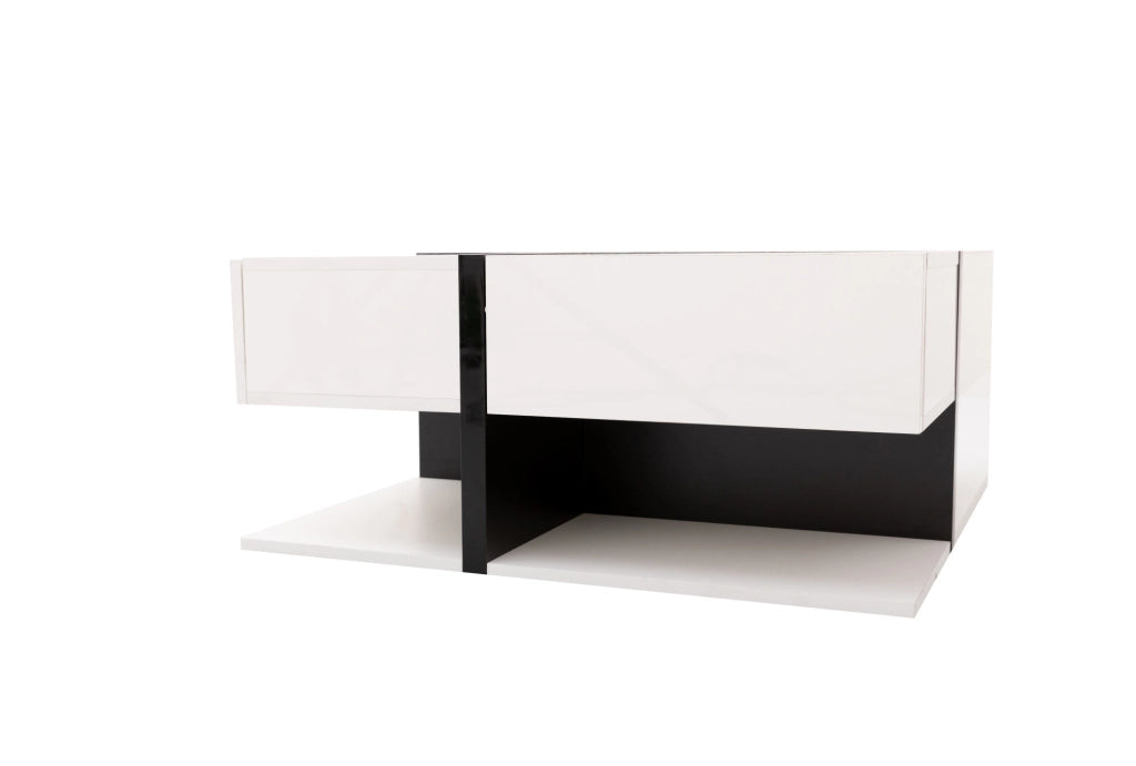 Tavolino da caffè quadrato con 4 cassetti; 78x78x36 cm; in truciolare bianco e nero lucido