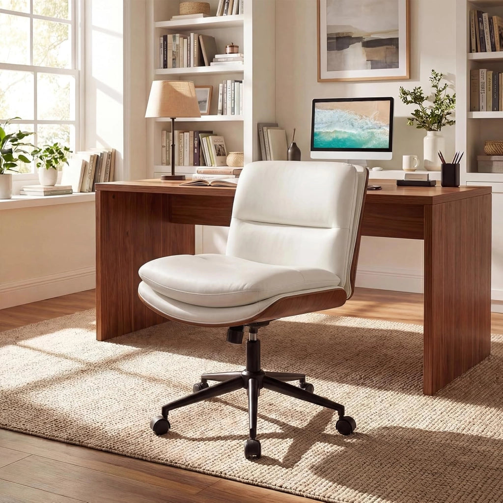 Sedia Ufficio Girevole con Ruote, Sedile Curvo, Schienale Reclinabile, Poltrona Scrivania con Altezza Regolabile, per Lavoro, Studio, Relax, Portata 110 kg (Bianco)