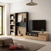 Mobile TV, Soggiorno, 320x35x186cm, Camino elettrico, colore Rovere e nero RF2594