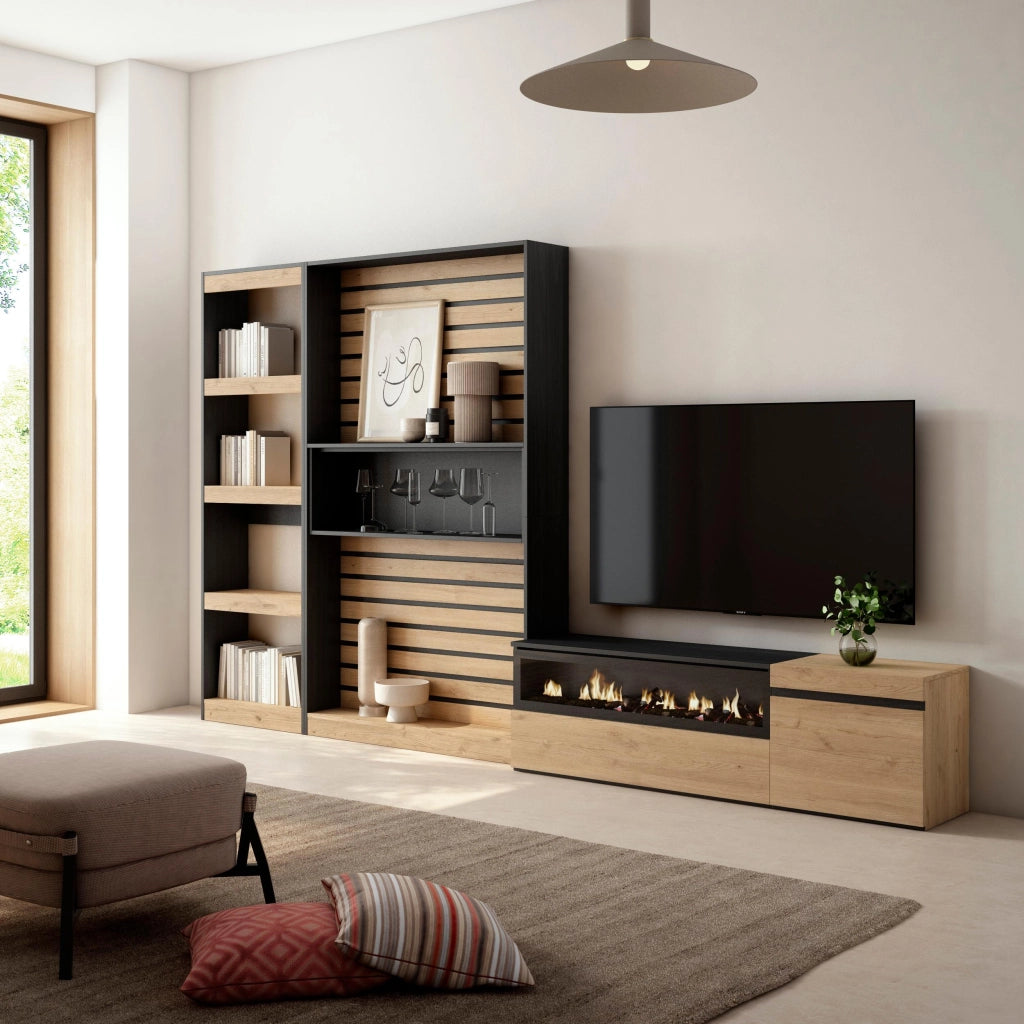 Mobile TV, Soggiorno, 320x35x186cm, Camino elettrico, colore Rovere e nero RF2594