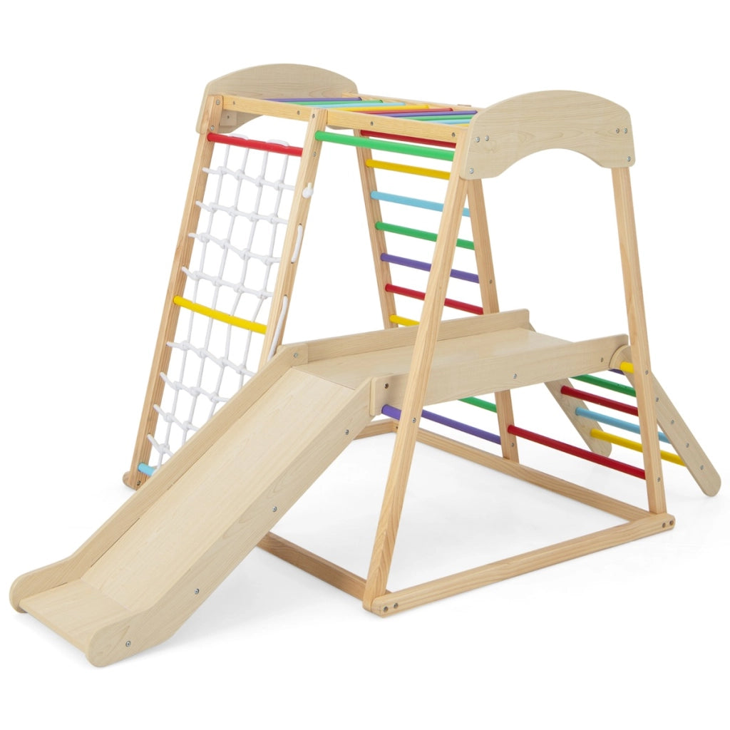 Parco giochi 6-in-1 per bambini 1+ anni con barre di scimmia scivolo corda e scale in legno, Palestra in legno Colorato-Arrampicate e scivoli