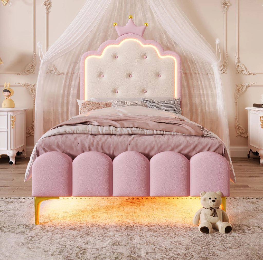 Letto imbottito 90x200 cm; luci LED regolabili; PU; rosa (Senza materasso)