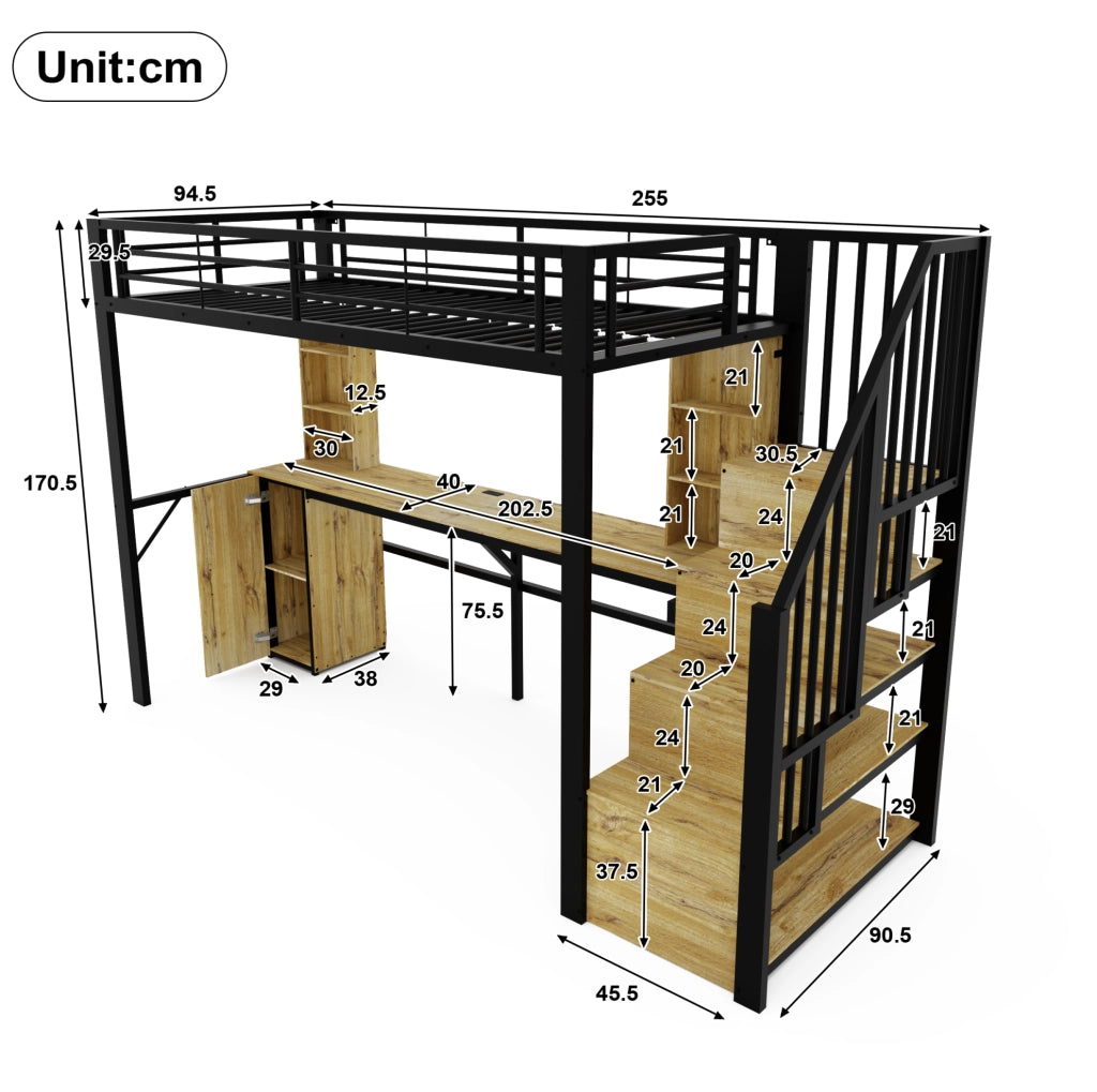 Letto a soppalco 90x200 cm con scrivania; vani contenitore e porta USB; nero; metallo e MDF