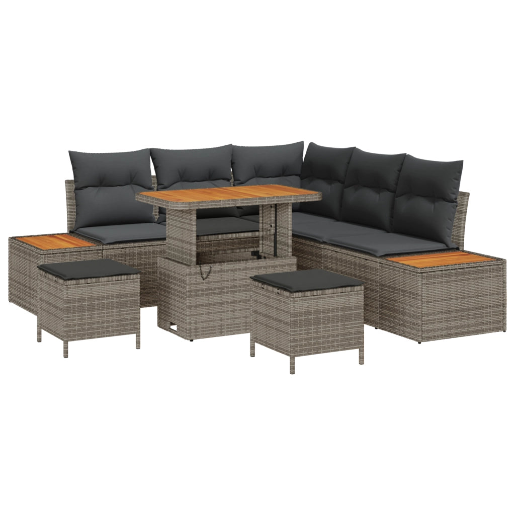 Set Divano da Giardino 8 Pezzi con Cuscini Grigio Polyrattan Acacia
