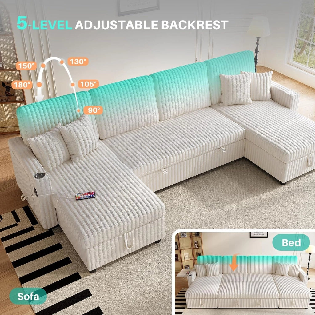 Divano panoramico a U modulare con funzione letto; contenitore; USB e portabicchieri in velluto a coste beige