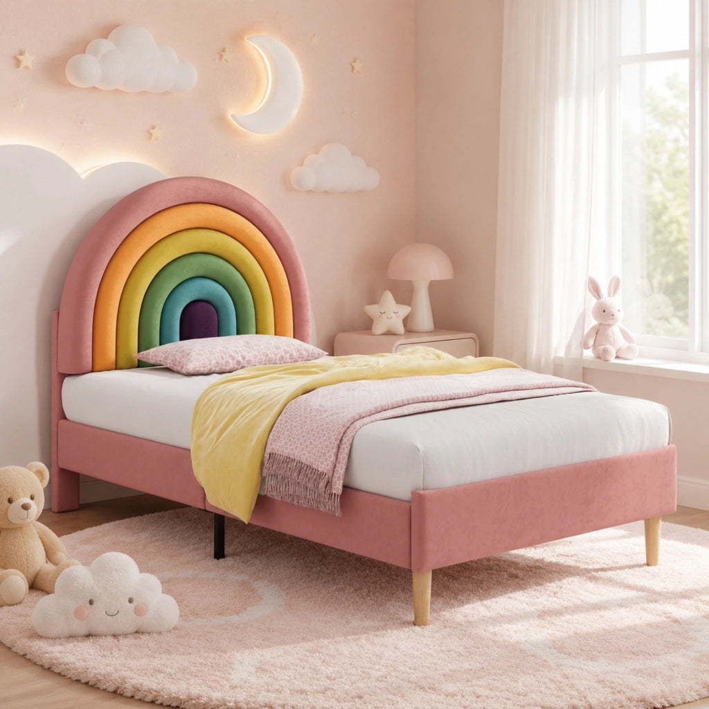 Letto imbottito 90x200 cm in velluto rosa con rete a doghe, testiera regolabile e struttura stabile