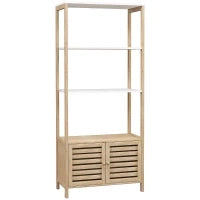 Mobile Bagno in Bambù con 3 Ripiani e Armadietto Inferiore, 63x30x138 cm, Color Legno e Bianco