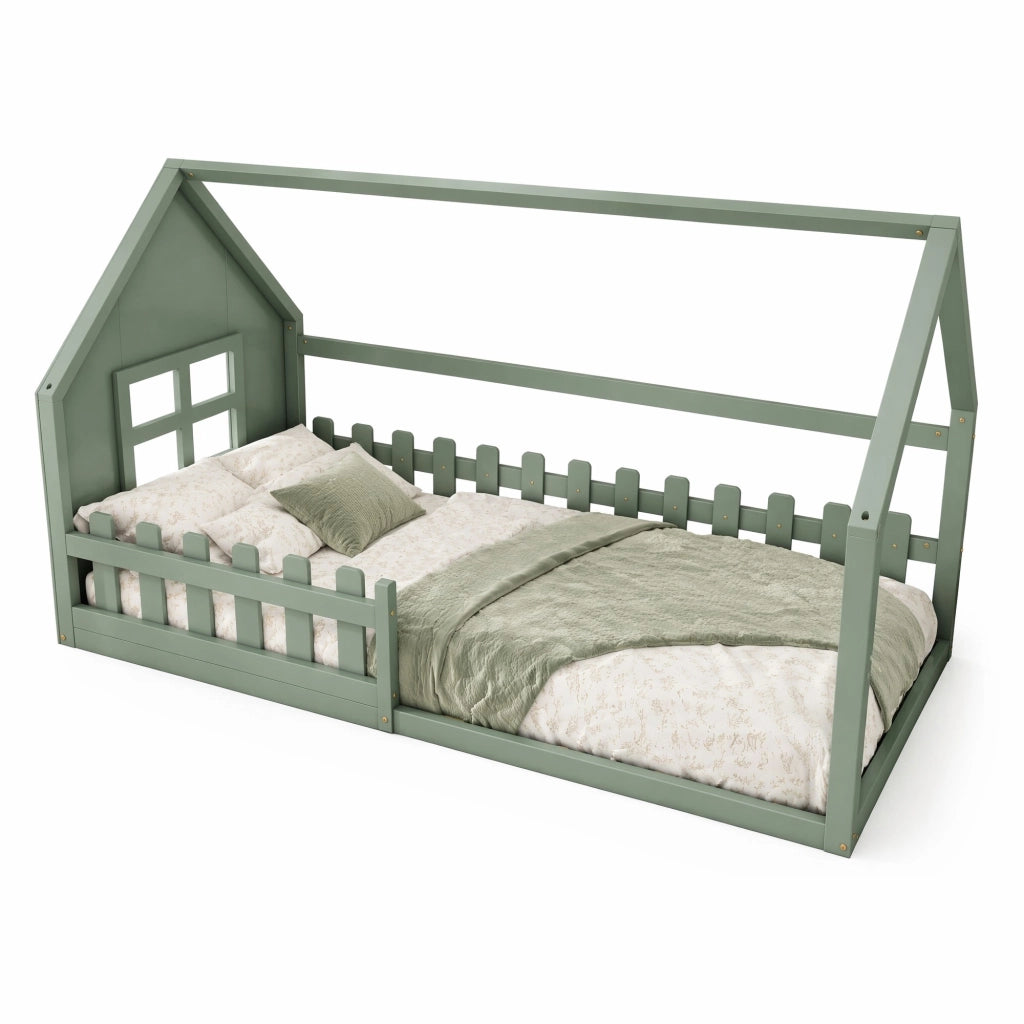 Letto per bambini a casetta verde 90 x 200 cm in pino e MDF