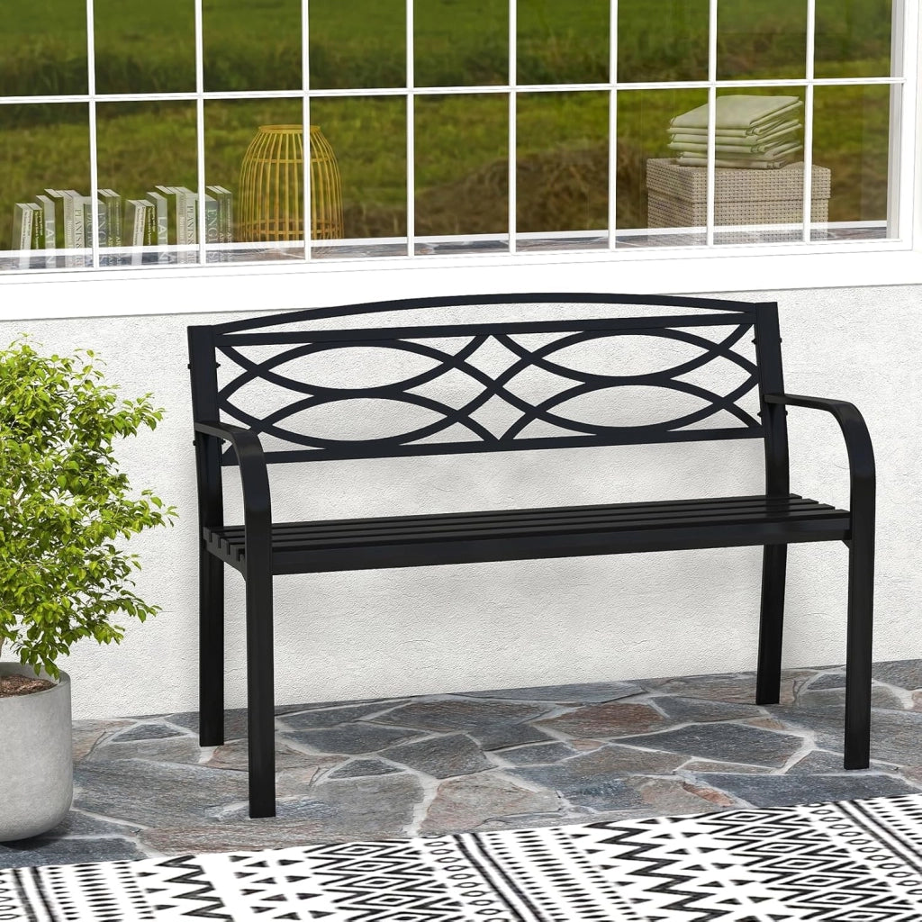 Panchina da Esterno 2-3 Posti, Panca in Metallo con Schienale Motivo Geometrico, Braccioli e Seduta a Doghe, Sedia Moderna per Parco, Cortile e Giardino