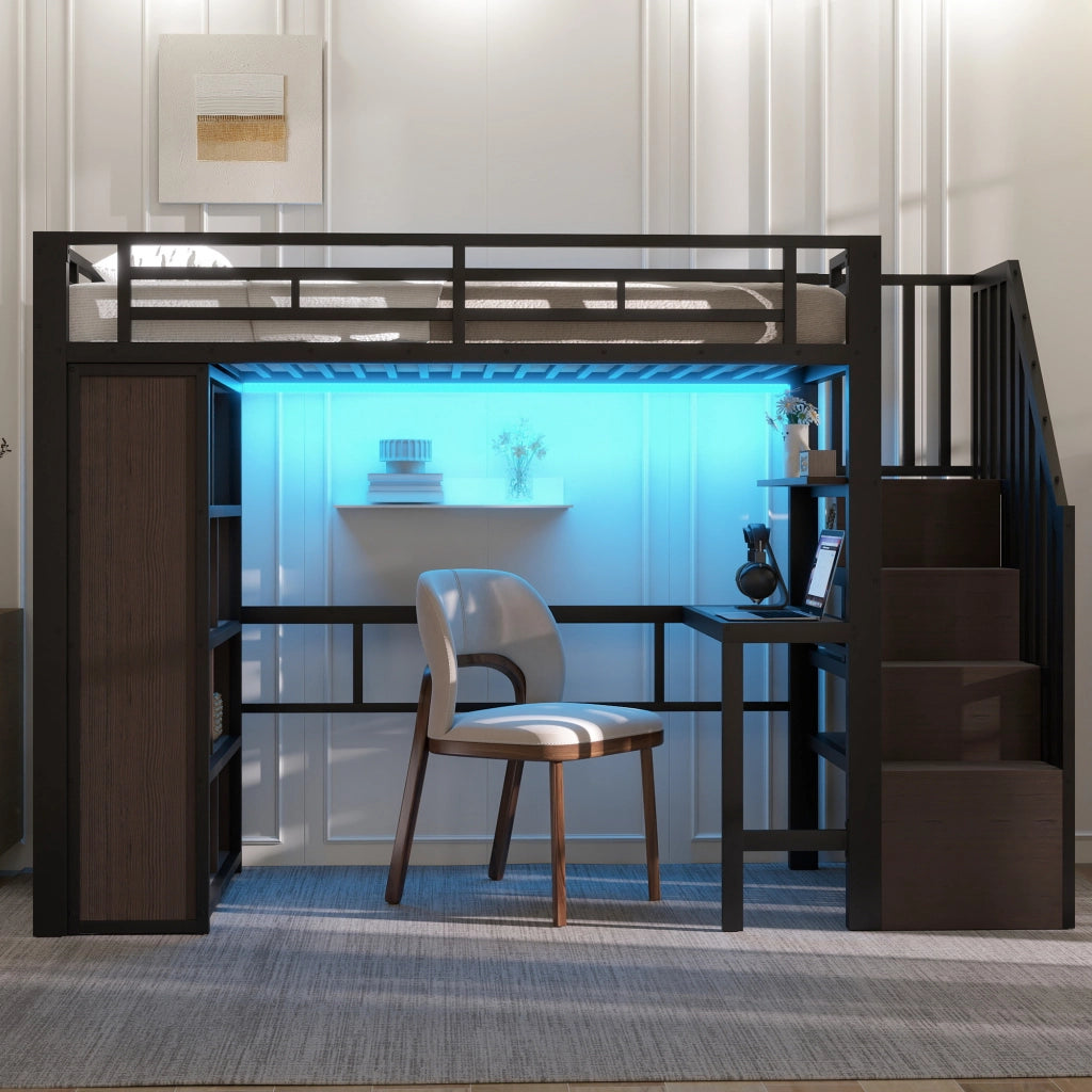 OKWISH Letto a Soppalco 90×200 cm, Letto Singolo con Scrivania, Mensole, LED Regolabile e Scale Contenitore, senza Materasso, Nero