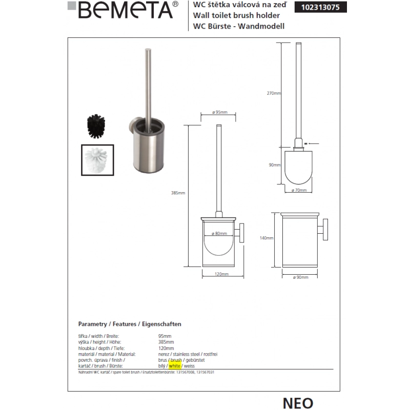 Scopino per WC NEO Bianco in Acciaio Inox 34x13.5cmxØ9cm