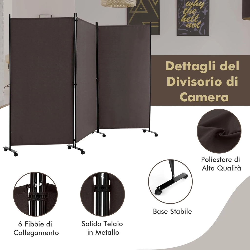 Paravento da Interno in Metallo, Separé Divisorio Interno Pieghevole con Piedini Stabili, Pannelli Divisori per Interni per Casa e Ufficio (Marrone, 262 x 180 cm (3 Pannelli con ruote))