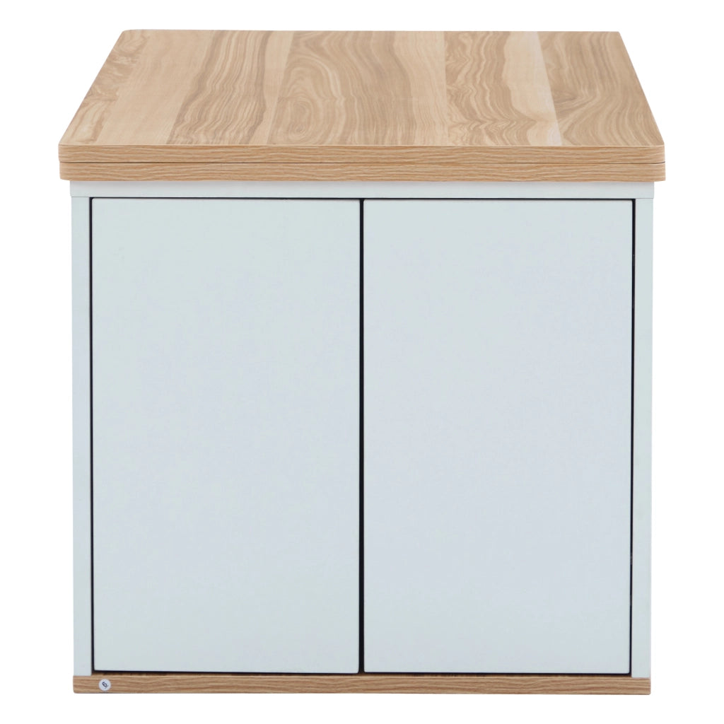 Tavolino da caffè 100x51x47 cm; piano sollevabile 2 in 1 con 2 cassetti; truciolare bianco e colore naturale