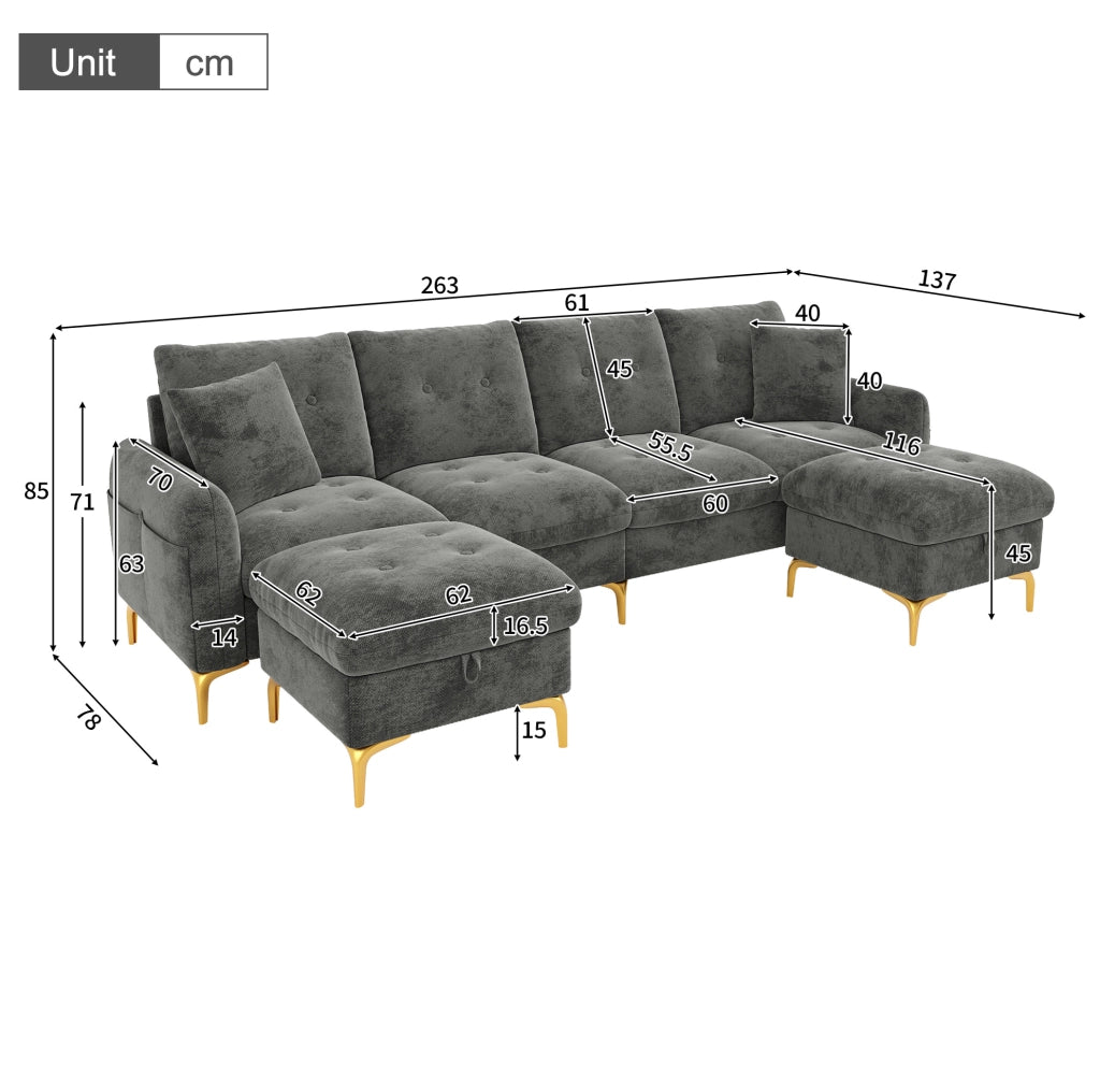 Divano modulare in ciniglia con 2 pouf contenitore; 263×137×85 cm; grigio