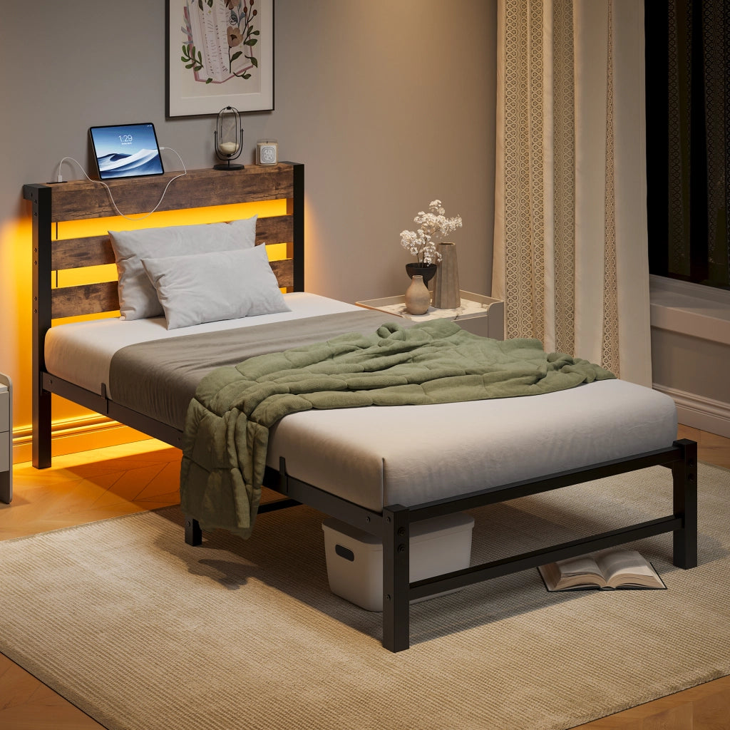 LETTO 90x200 cm con LED RGB e 2 USB in metallo e legno Nero Marrone