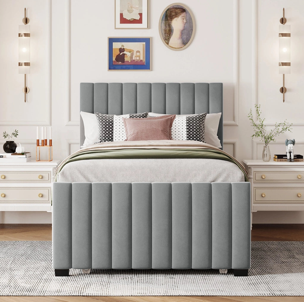 Letto imbottito 90x190 cm con letto estraibile in velluto grigio