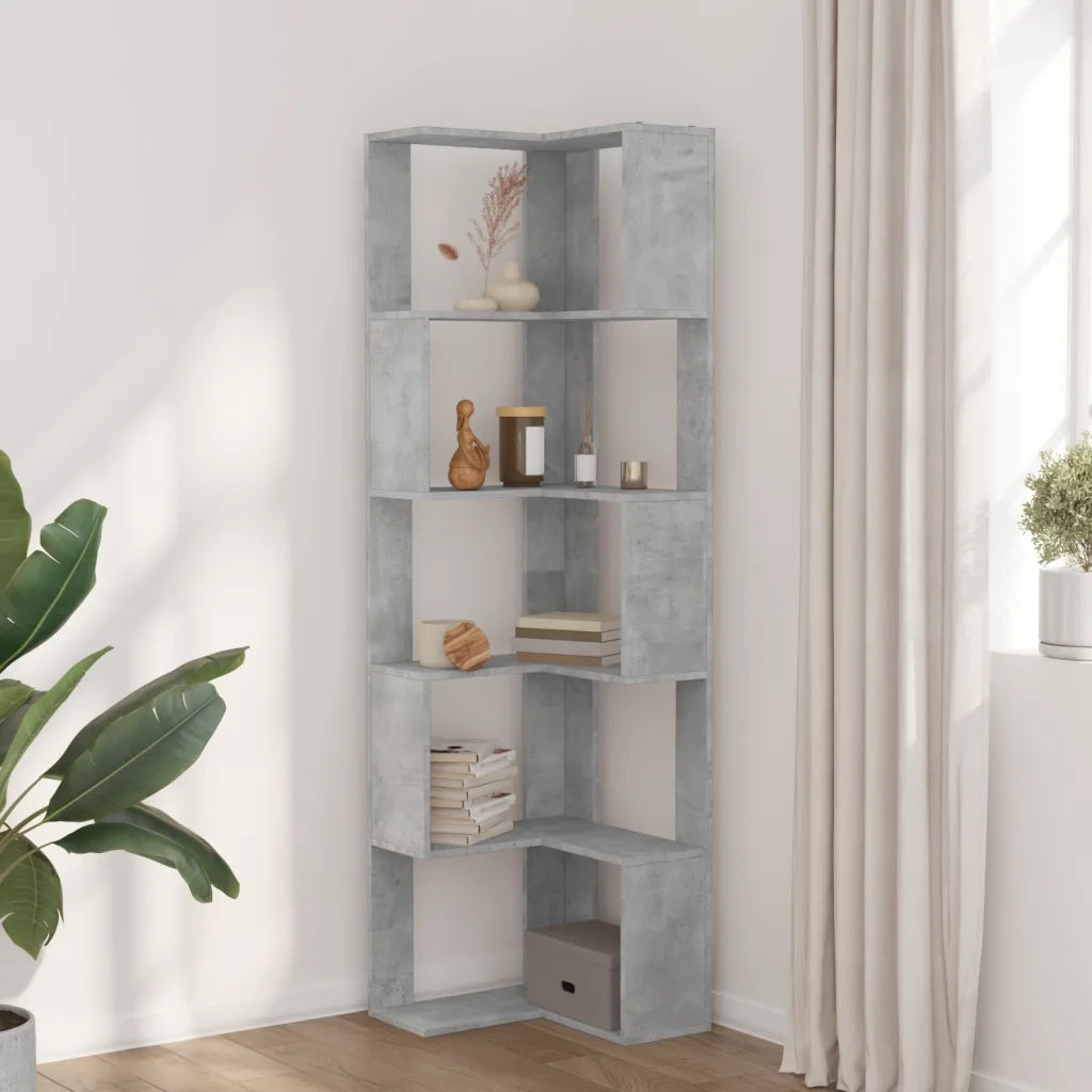 Libreria Angolare 5 Ripiani-Scaffale per Libri-Mobile di Stoccaggio Grigio Cemento 50x50x179 cm Legno