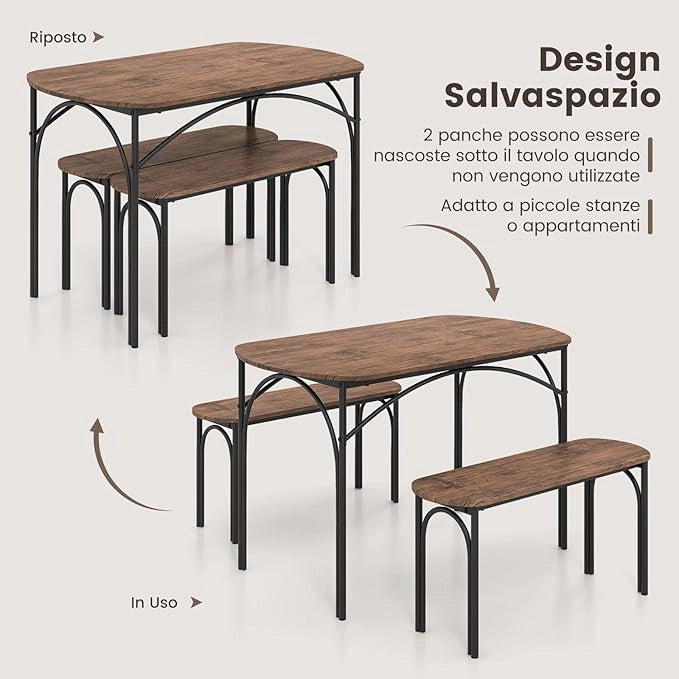 Tavolo da Pranzo con 2 Panche, Set di Tavolo e Panca in Legno e Metallo per 4 Persone, Set Mobile Salvaspazio e Moderno da Cucina, Sala da Pranzo e Soggiorno, Marrone