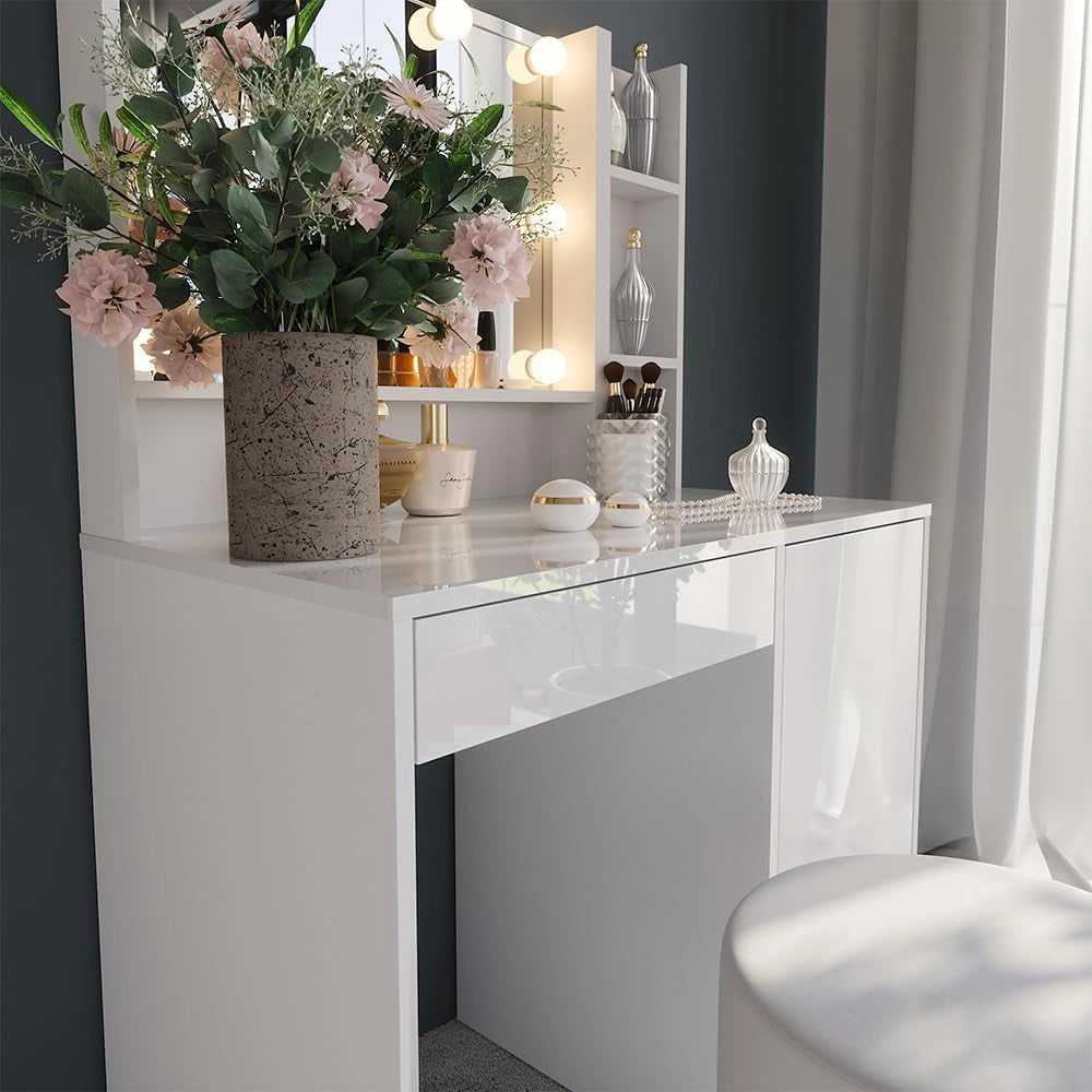 Tavolo da toeletta Sherry, Bianco/bianco lucido, 89.8 cm 5 parti
