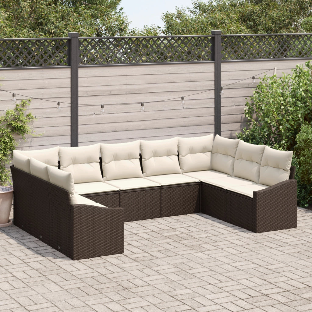 Set di Divani da Giardino da 9 Pezzi con Cuscini Marrone Polyrattan