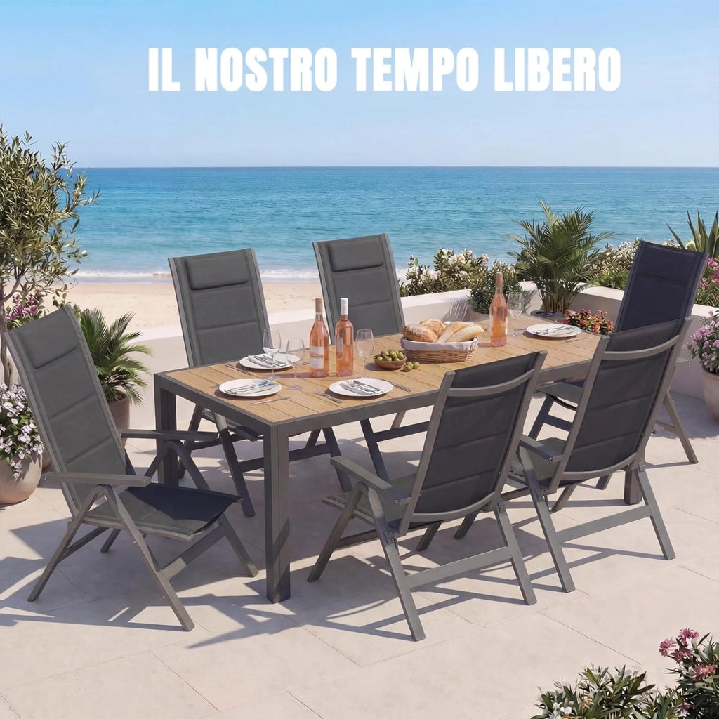 Set Tavolo e Sedie da Giardino 7 Pezzi, Composto da Tavolo 189 cm in Alluminio e 6 Sedie Pieghevoli, Tavolo da Giardino con Finitura a Vena di Legno con Sedie da Terrazza, Balcone, Naturale